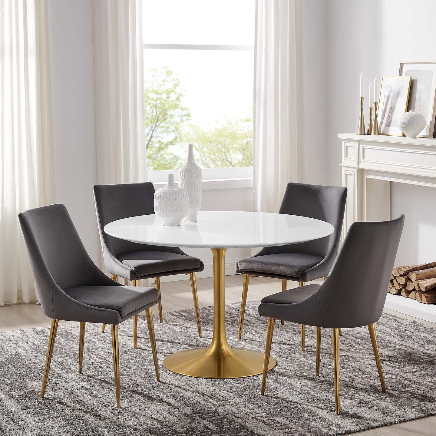 Tulip Round Wood Top Dining Table With Gold Base