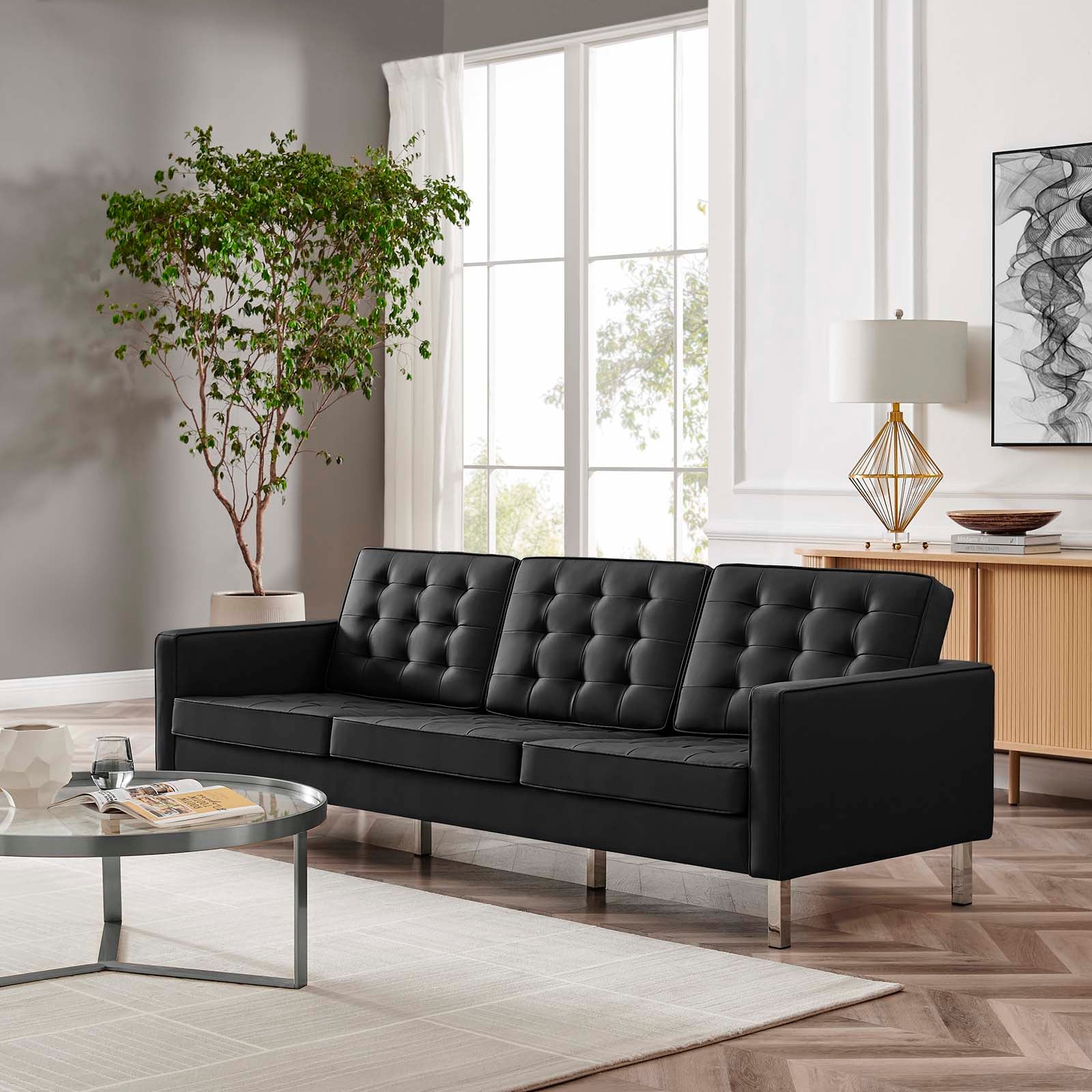 Allen Tufted Upholstered Faux Leather Sofa