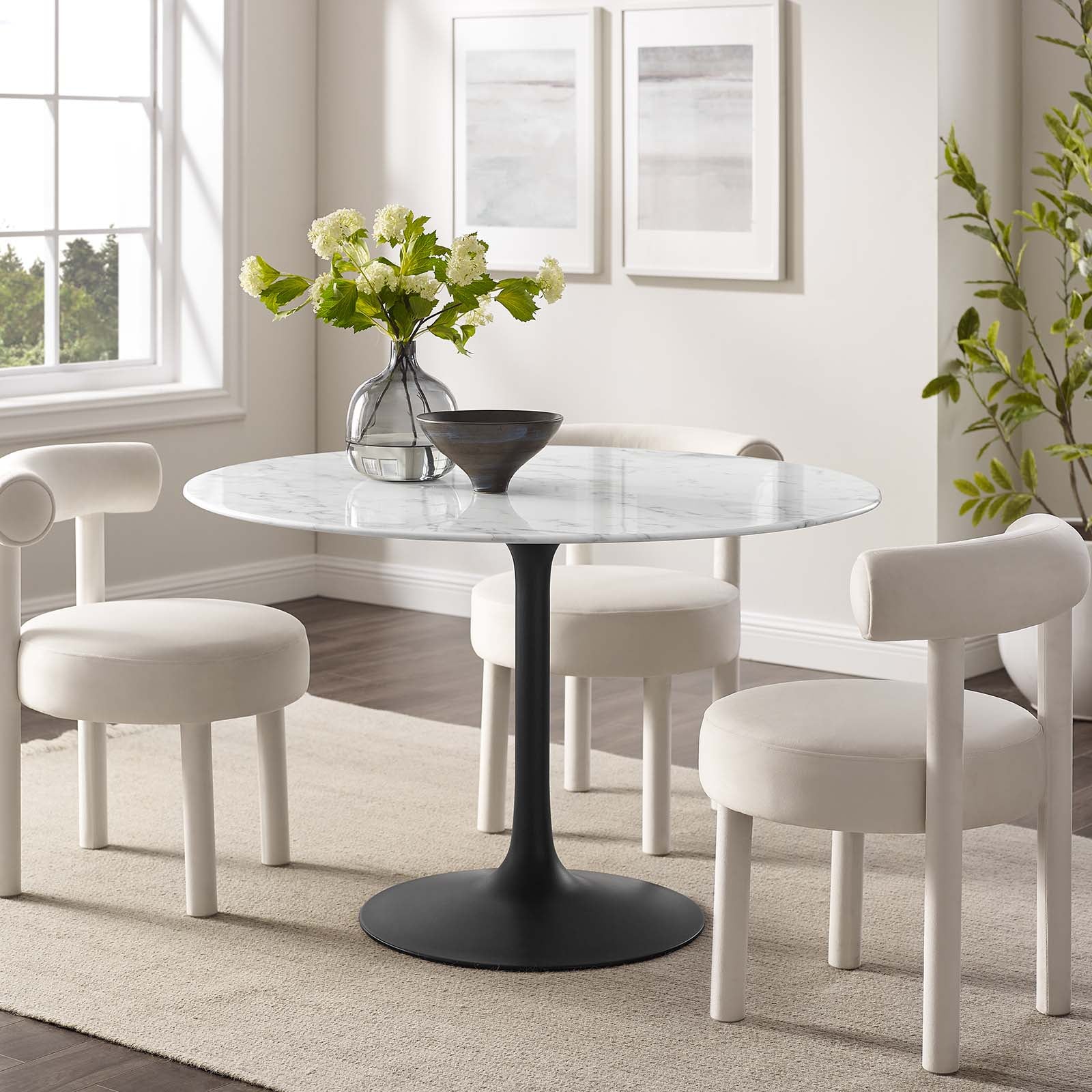 Tulip Round Artificial Marble Top Dining Table With Black Base